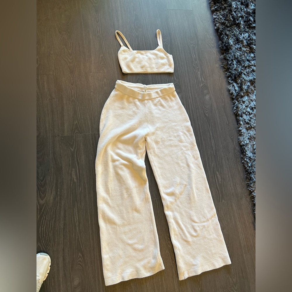 SKIMS Cream Wide Leg Pants & Crop Top Set